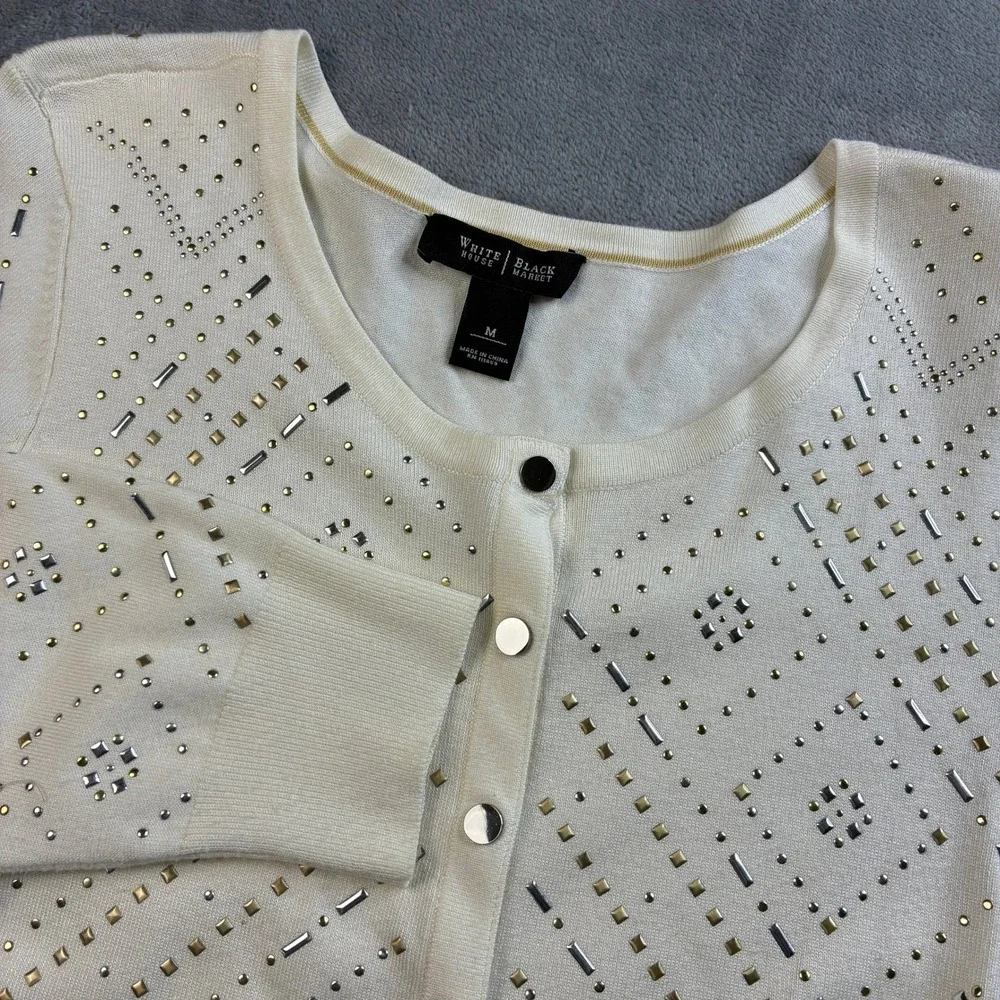White House Black Market Ecru Size Small Embellished Cardigan‎ Cream  3/4 Sleeve